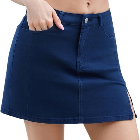 NEW! Cute Dark Blue Denim Mini Pencil Skirt w/Zipper & Button Closure & Pockets - Picture 3 of 10